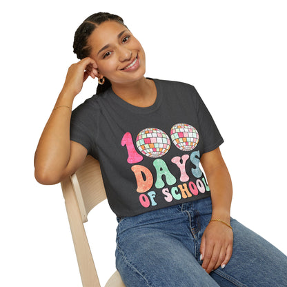 100 Days of School T-Shirt — Colorful Retro Disco Celebration Tee for Students & Teachers
