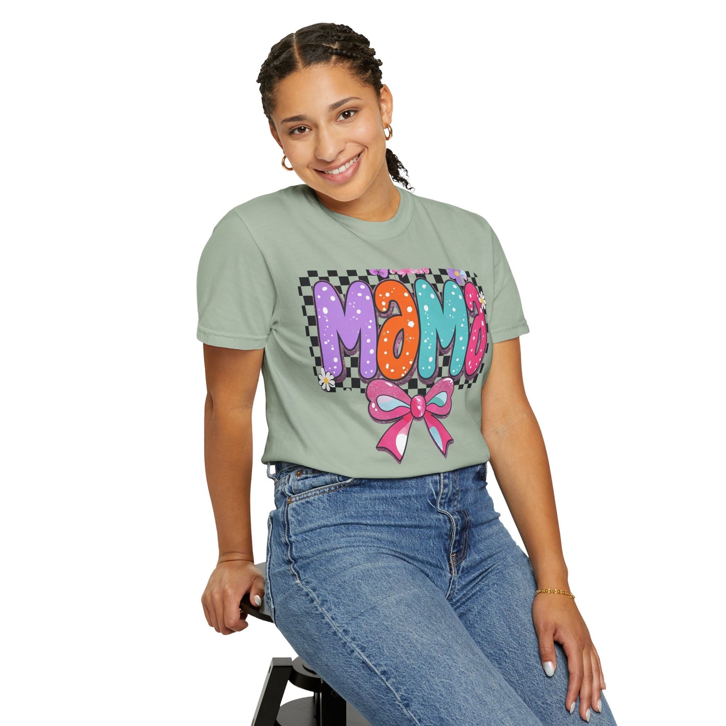 Mama Graphic T-Shirt — Colorful Retro Bow Design- COMFORT COLORS