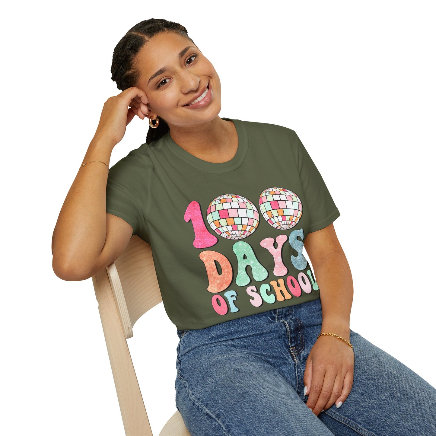 100 Days of School T-Shirt — Colorful Retro Disco Celebration Tee for Students & Teachers