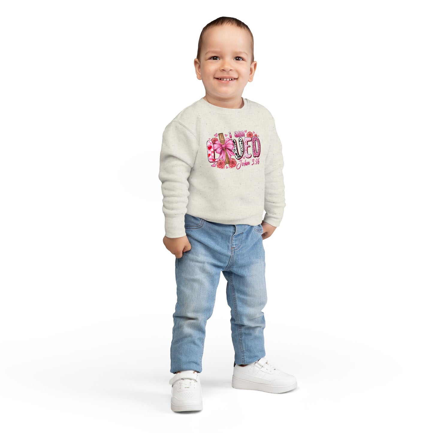 Toddler Sweatshirt - "I Am Loved" John 3:16 Pink Cross Faith Pullover