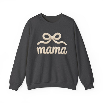Mama Rope Bow Sweatshirt — Cozy White "mama" Crewneck for New & Expecting Moms