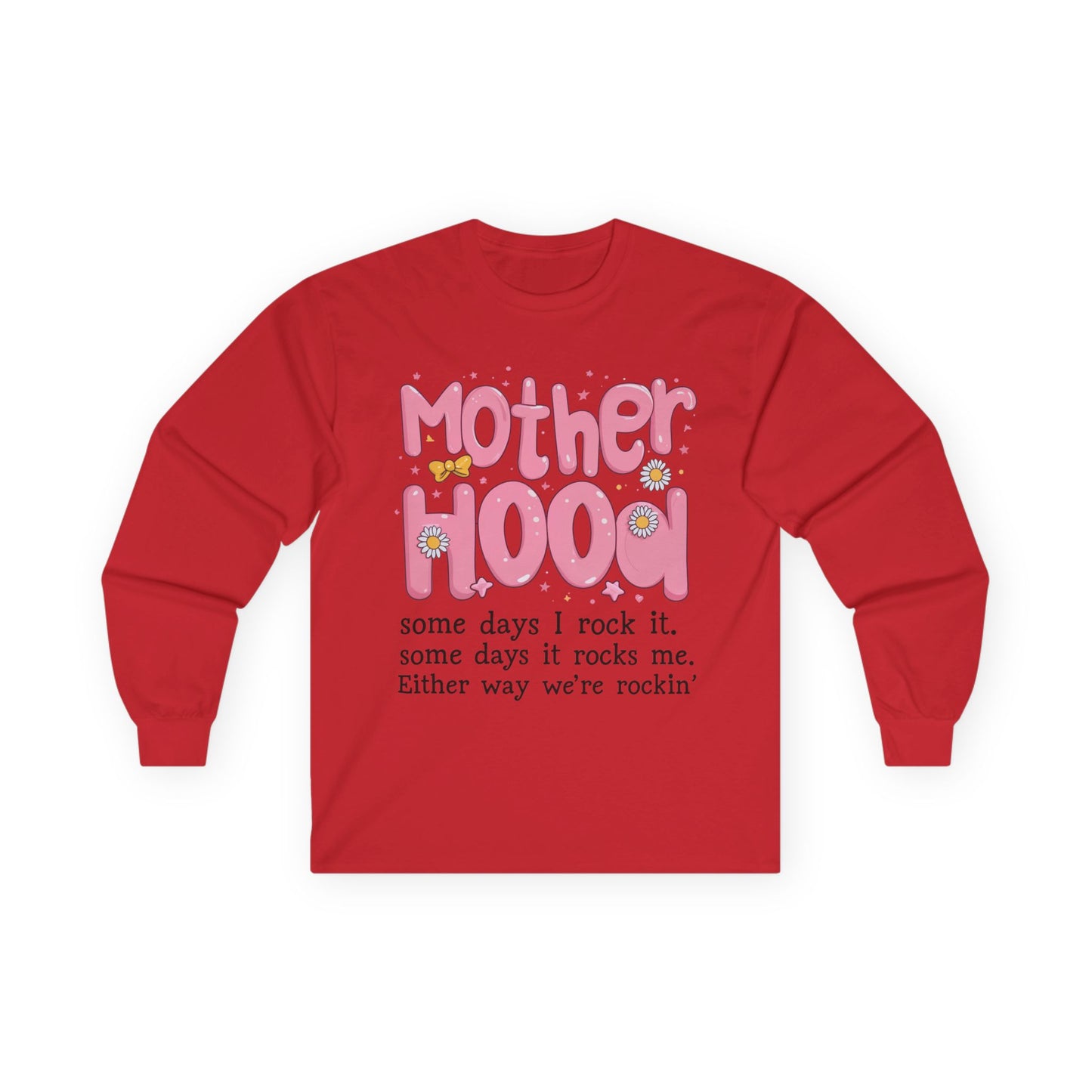 Motherhood Long Sleeve Tee — "Mother Hood" Cute Retro Graphic for New Moms & Mothers' Day