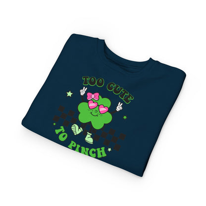 Toddler Sweatshirt — "Too Cute to Pinch" St. Patrick's Day Shamrock Crewneck