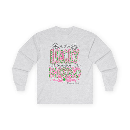 Long Sleeve Tee — "Not Lucky, Simply Blessed" Floral Christian Graphic
