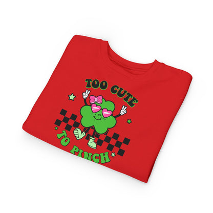 Toddler Sweatshirt — "Too Cute to Pinch" St. Patrick's Day Shamrock Crewneck