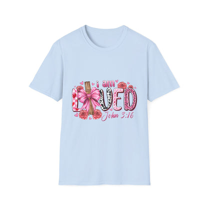 I Am Loved John 3:16 T-Shirt — Pink Floral Christian Faith Tee