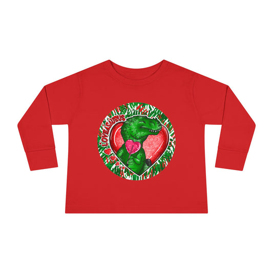 Toddler Tee — Cute Green Dinosaur Hugging Heart Valentine’s Shirt
