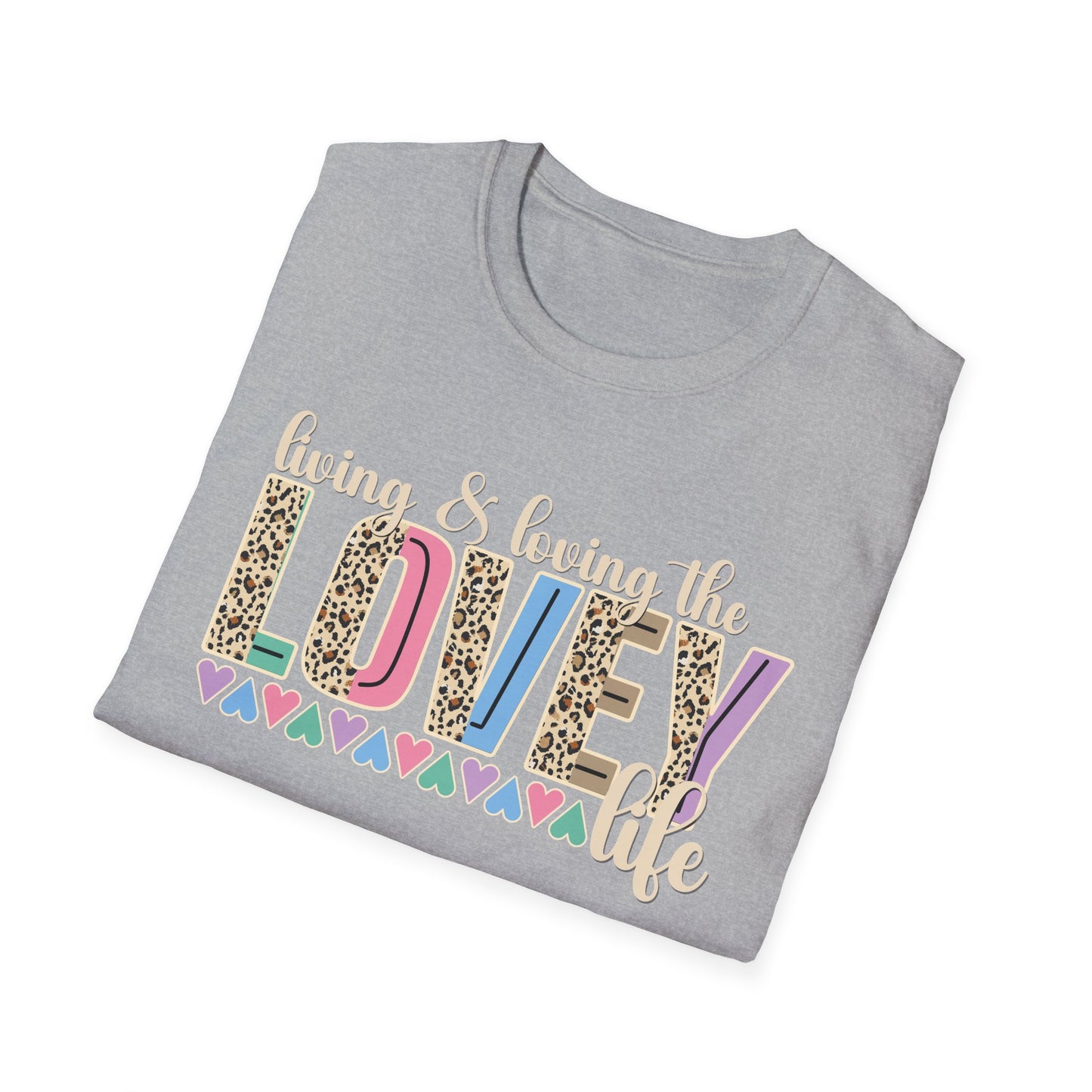 T-Shirt — Living the Lovey Life Graphic Tee (colorful leopard & pastel hearts)