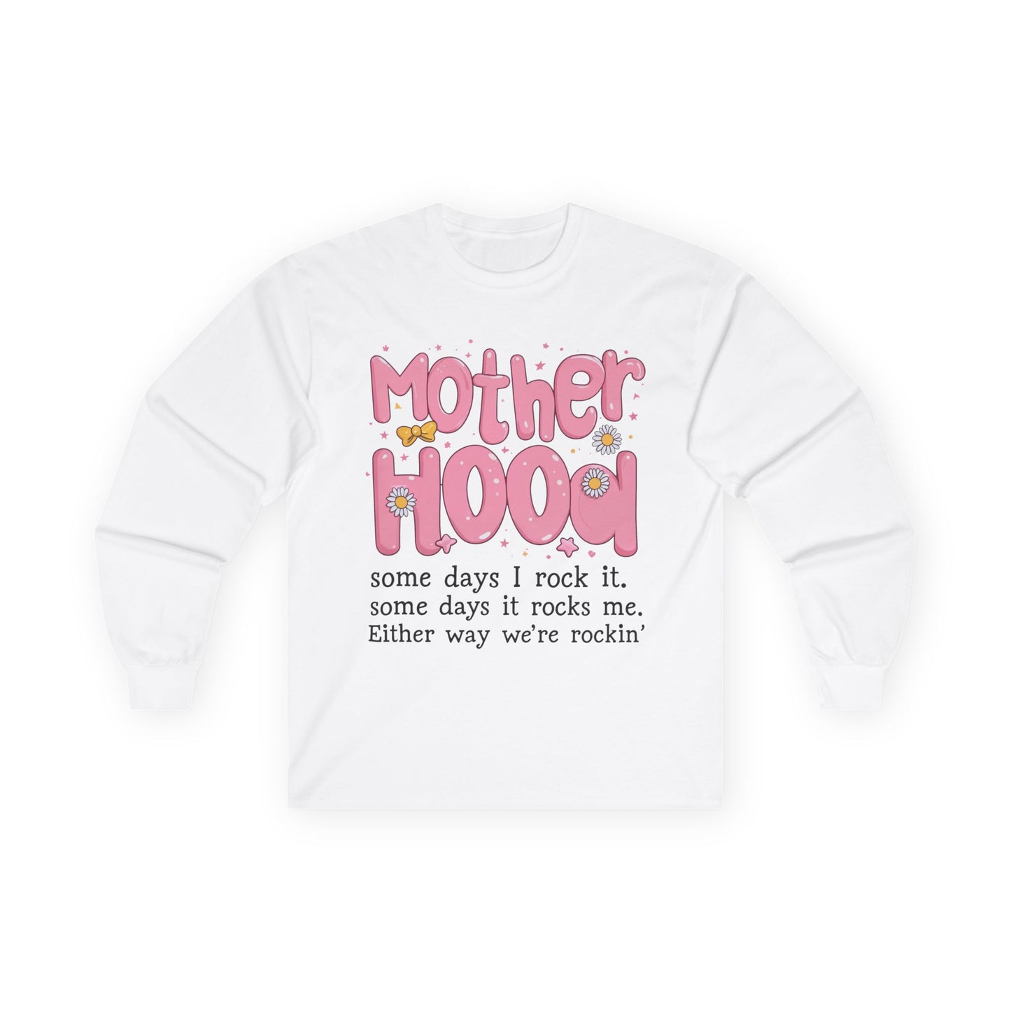 Motherhood Long Sleeve Tee — "Mother Hood" Cute Retro Graphic for New Moms & Mothers' Day