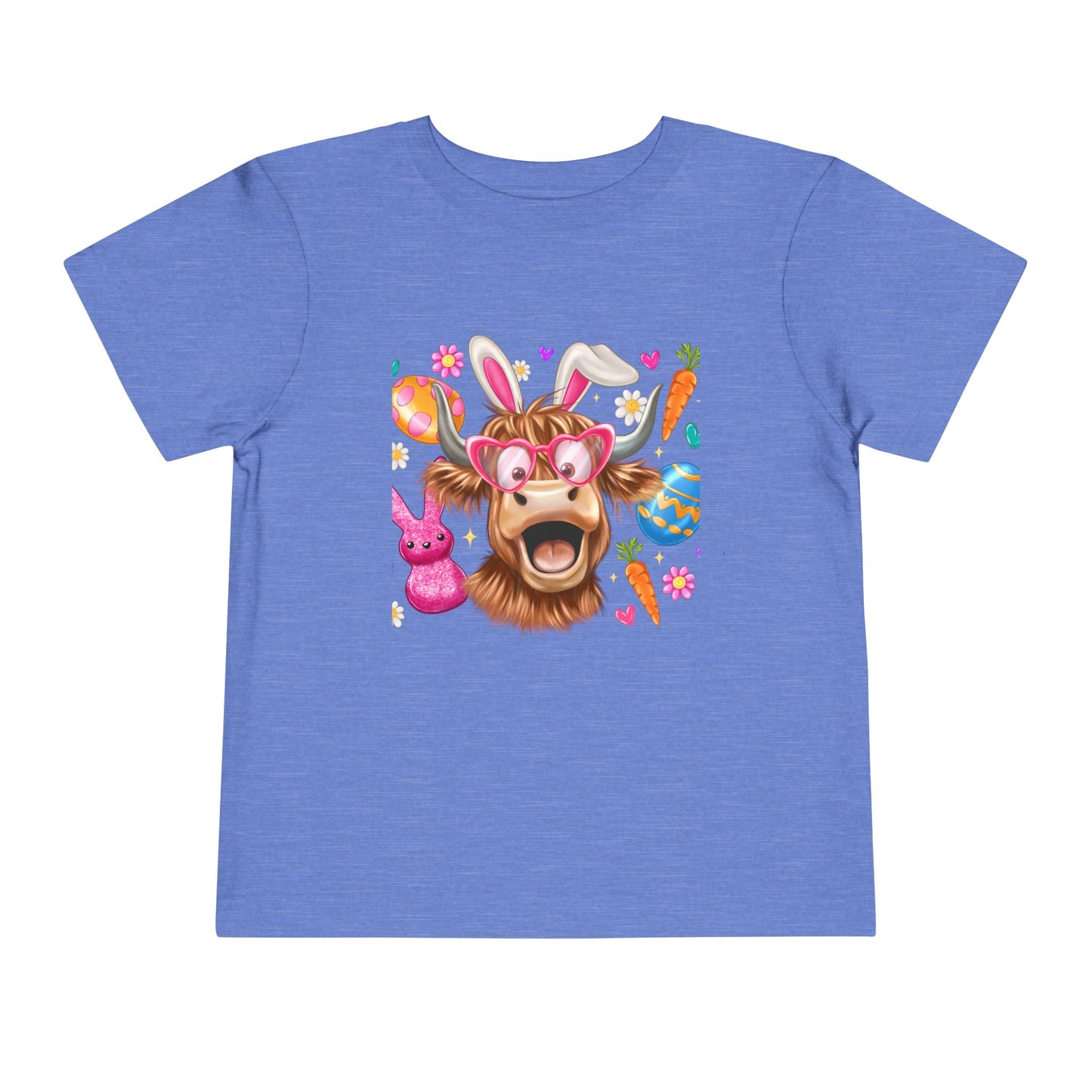 Easter Highland Cow Toddler Tee — Cute Bunny Ears & Colorful Eggs