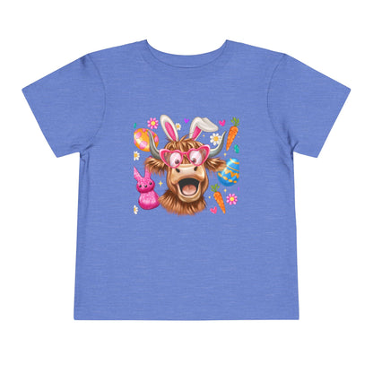 Easter Highland Cow Toddler Tee — Cute Bunny Ears & Colorful Eggs