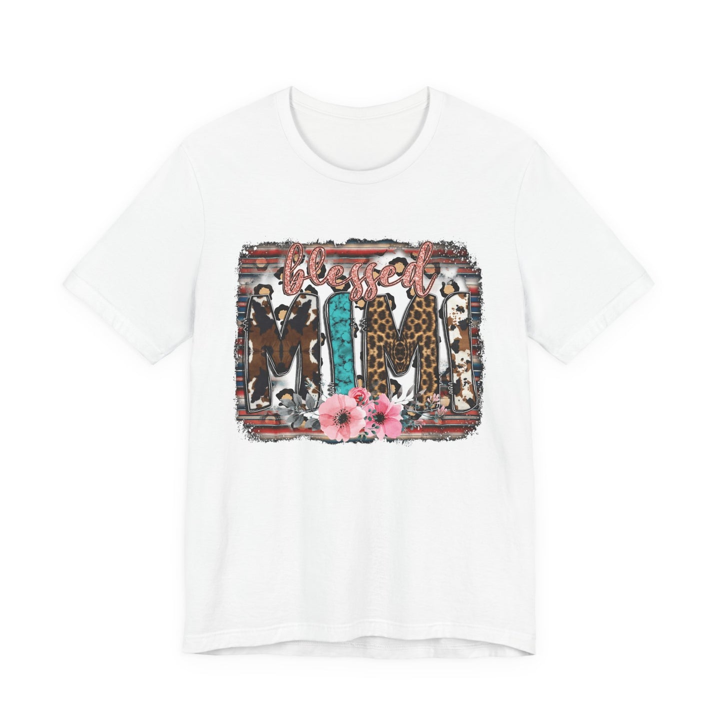 Mama Leopard & Western Floral T-Shirt — 'Mama' Graphic Tee with Cowhide, Turquoise & Pink Flowers