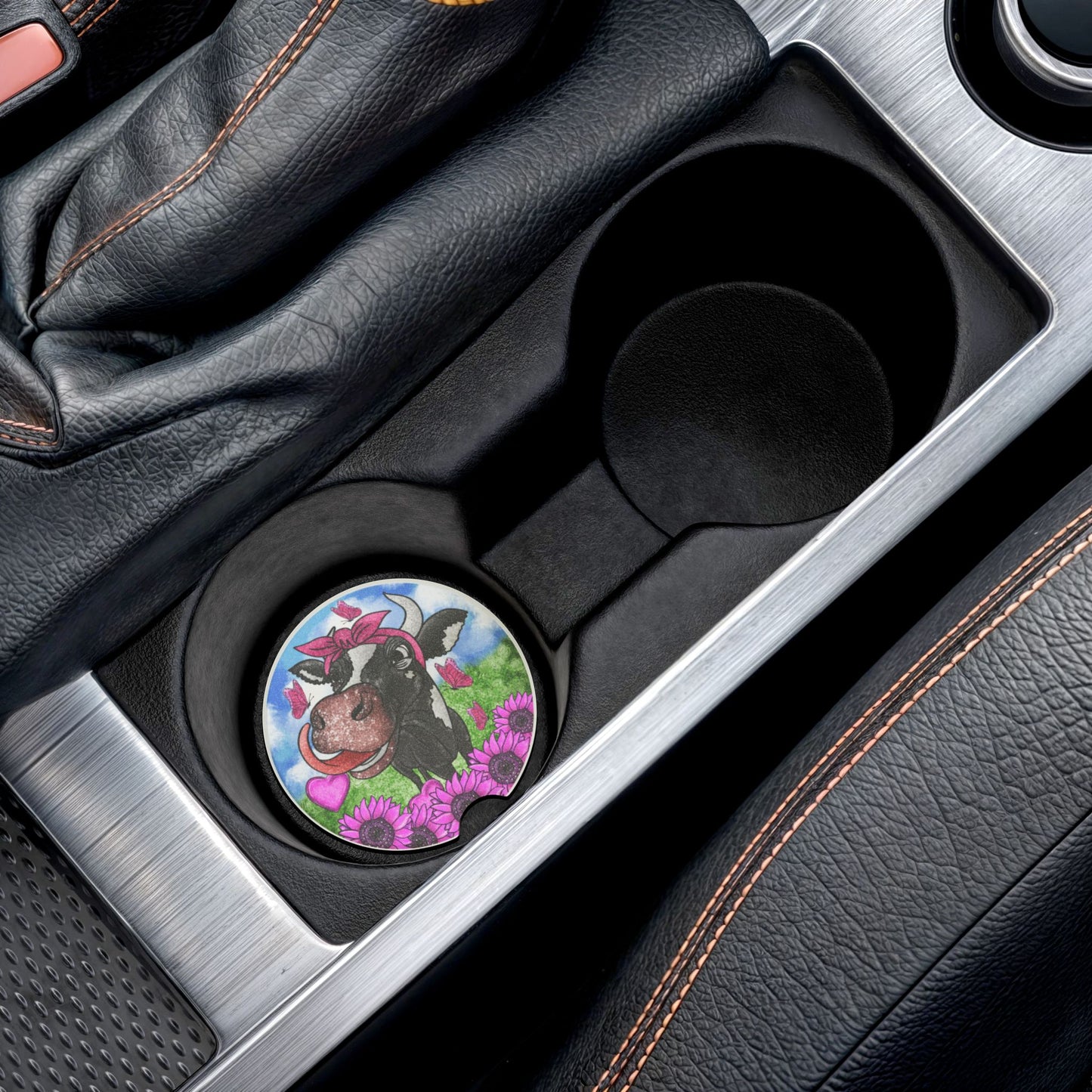 Cow Floral Car Coaster — Cute Cow with Sunflowers Soapstone Drink Holder