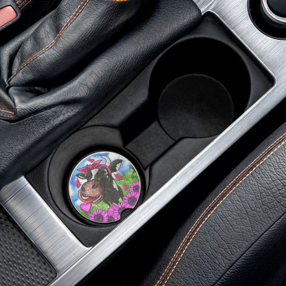 Cow Floral Car Coaster — Cute Cow with Sunflowers Soapstone Drink Holder