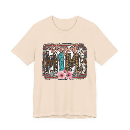 Mama Leopard & Western Floral T-Shirt — 'Mama' Graphic Tee with Cowhide, Turquoise & Pink Flowers