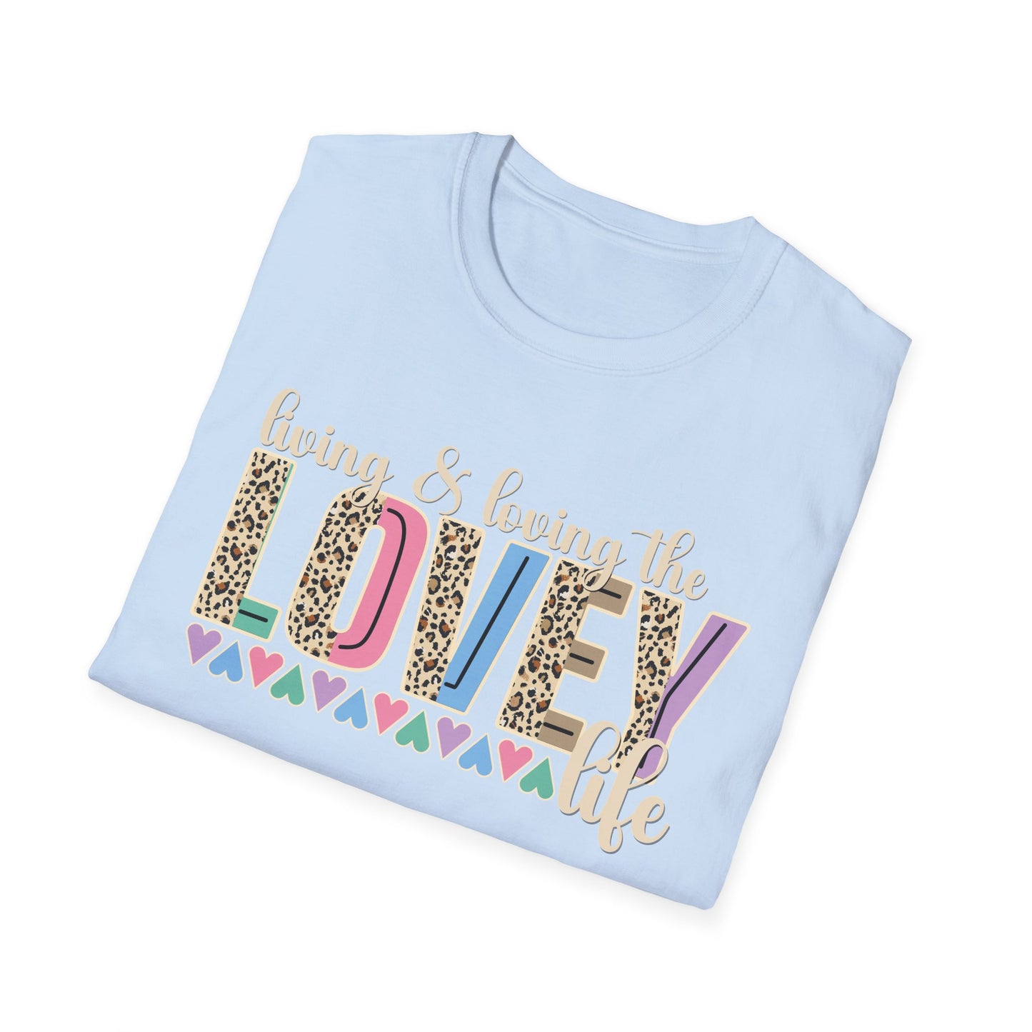 T-Shirt — Living the Lovey Life Graphic Tee (colorful leopard & pastel hearts)