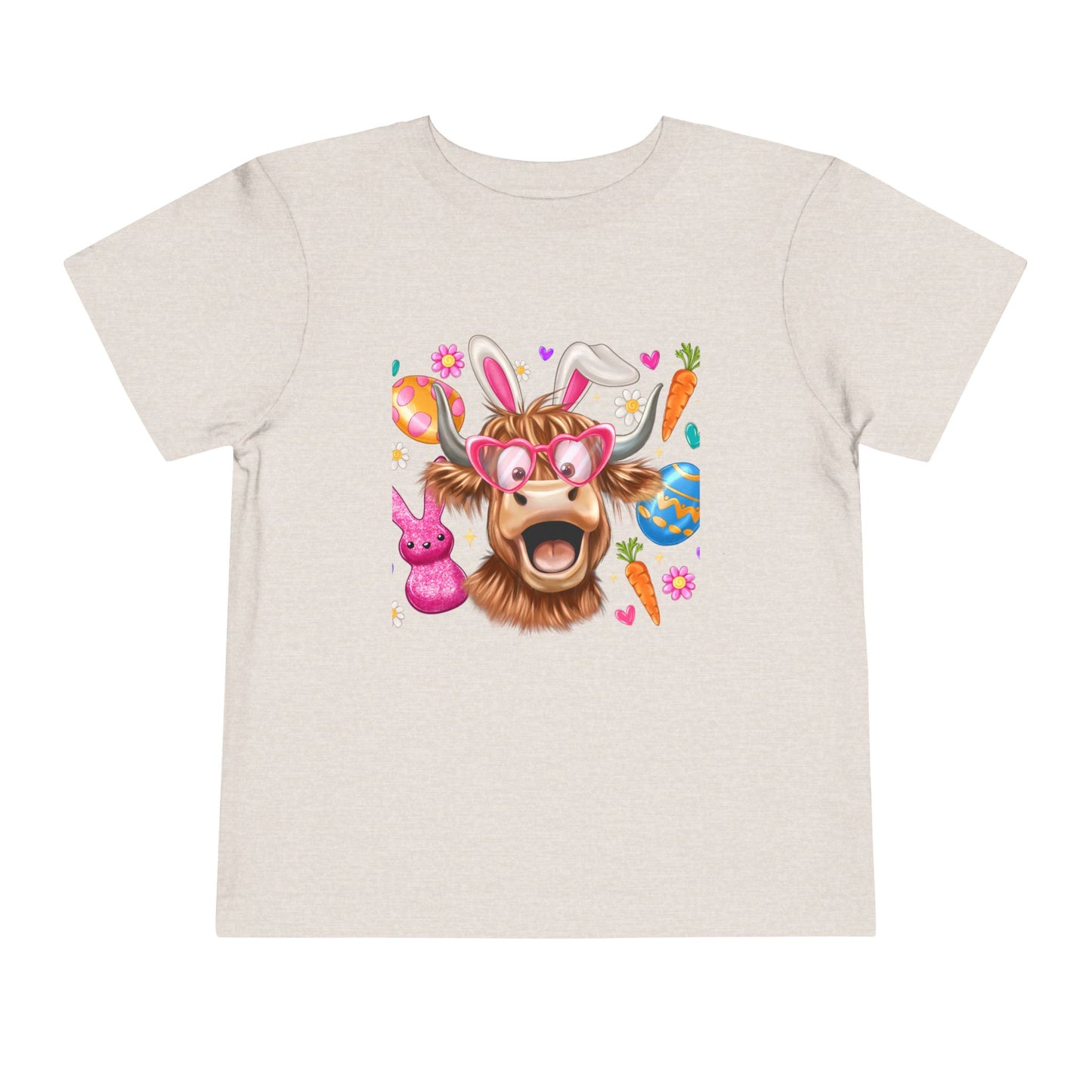 Easter Highland Cow Toddler Tee — Cute Bunny Ears & Colorful Eggs