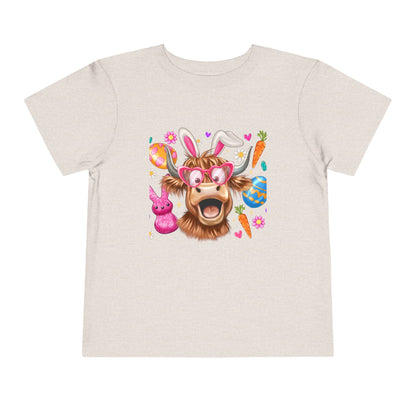 Easter Highland Cow Toddler Tee — Cute Bunny Ears & Colorful Eggs