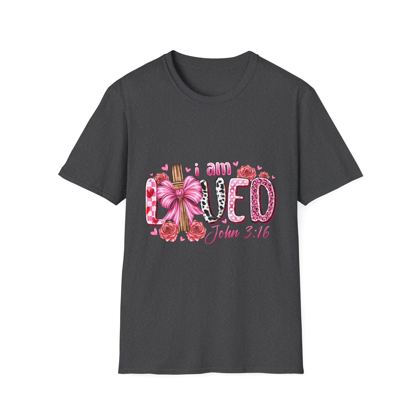 I Am Loved John 3:16 T-Shirt — Pink Floral Christian Faith Tee