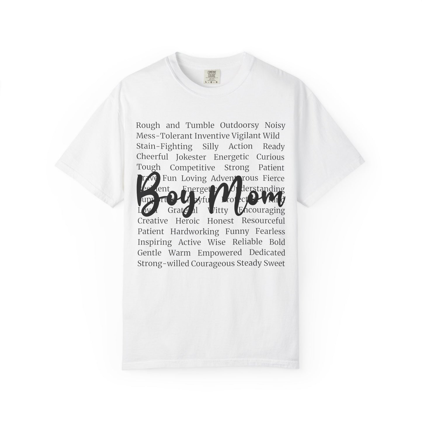 Boy Mom T‑Shirt — 'Boy Mom' Script over Positive Traits Tee COMFORT COLOR