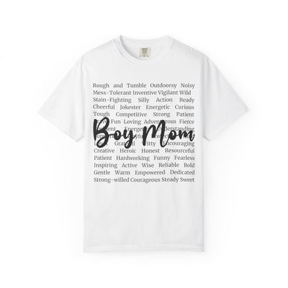 Boy Mom T‑Shirt — 'Boy Mom' Script over Positive Traits Tee COMFORT COLOR