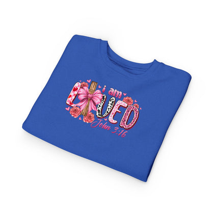 Toddler Sweatshirt - "I Am Loved" John 3:16 Pink Cross Faith Pullover