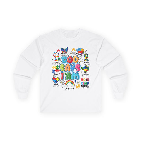 God Says I Am Long Sleeve Tee — Positive Christian Kids Faith Shirt