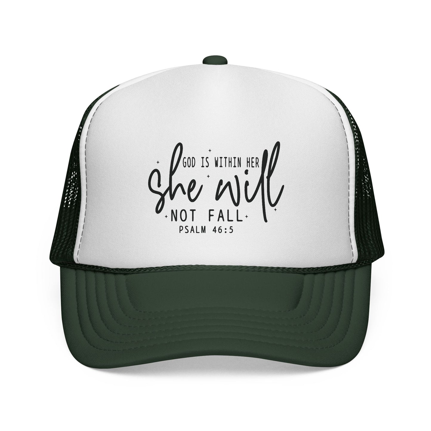 She Will Not Fail Trucker Cap – Psalm 46:5 Inspirational Christian Hat