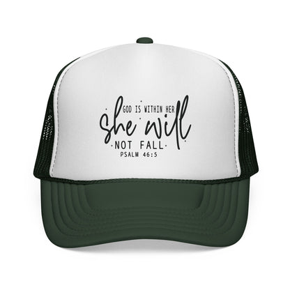 She Will Not Fail Trucker Cap – Psalm 46:5 Inspirational Christian Hat