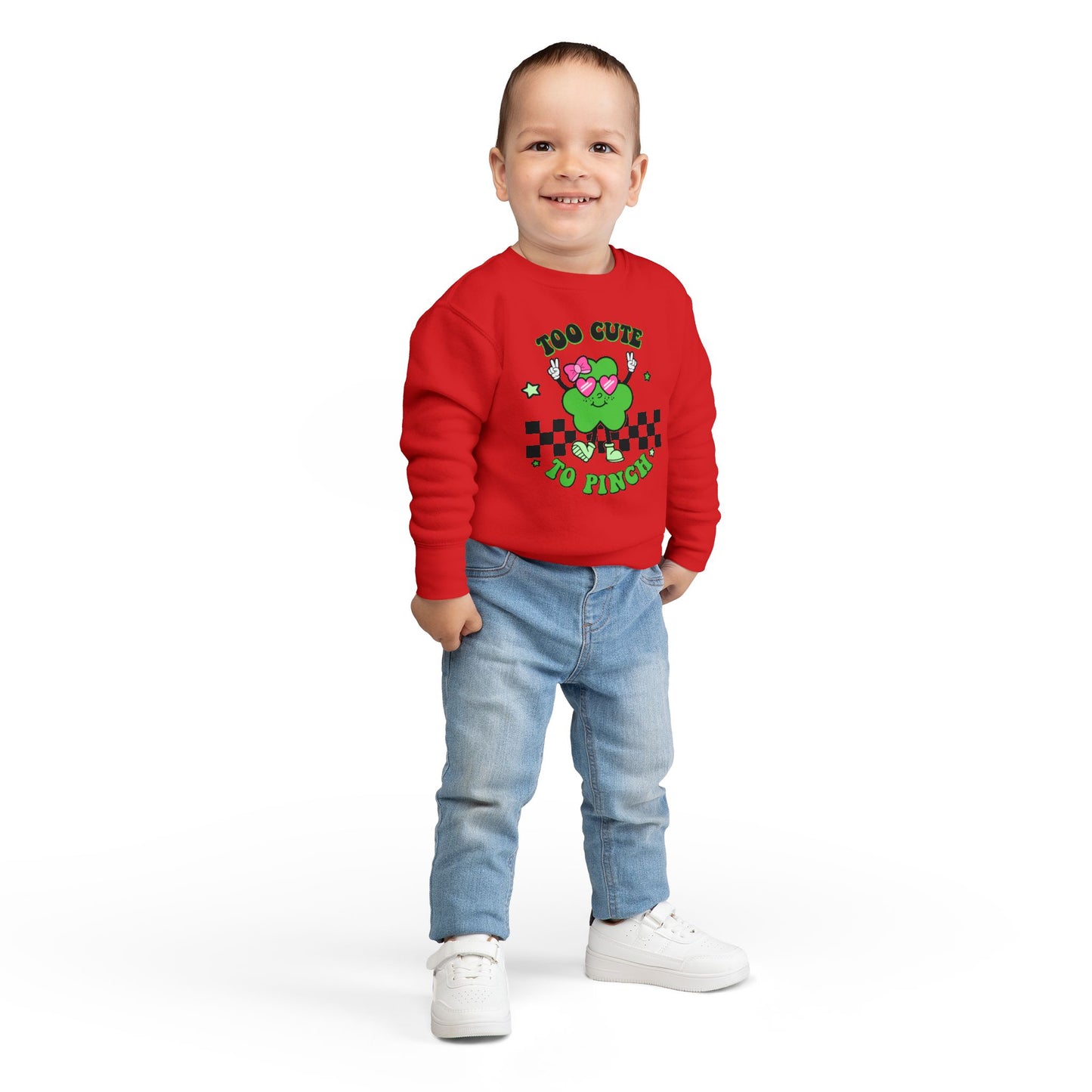 Toddler Sweatshirt — "Too Cute to Pinch" St. Patrick's Day Shamrock Crewneck