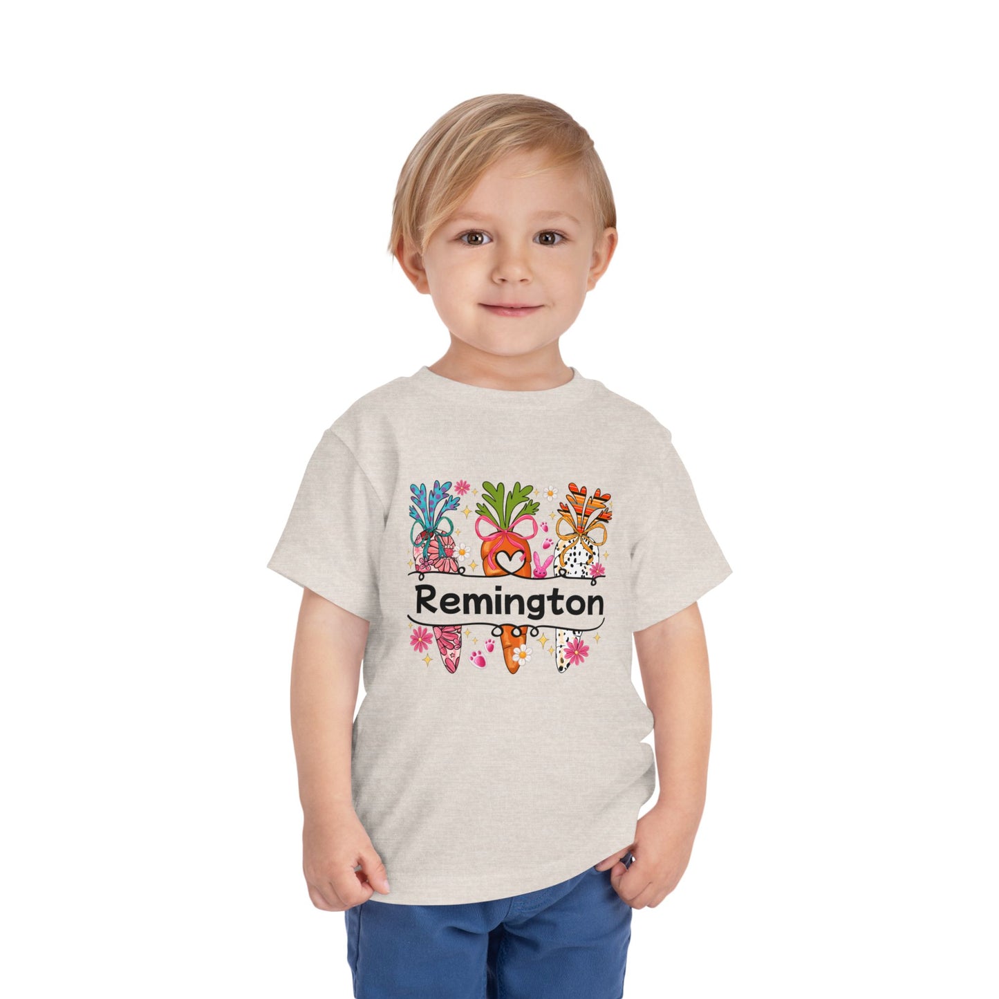 Personalized Toddler Tee — Colorful Easter Carrot Gnome Name Shirt (Remington)