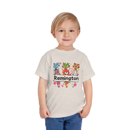 Personalized Toddler Tee — Colorful Easter Carrot Gnome Name Shirt (Remington)