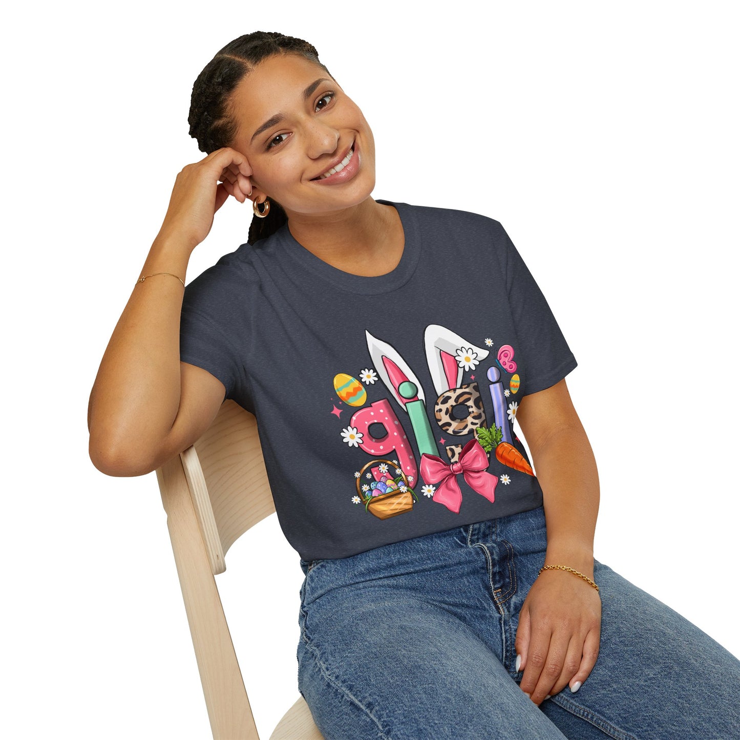Easter Girl Bunny Tee – Floral Eggs, Carrot & Pink Bow Graphic T-Shirt