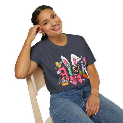 Easter Girl Bunny Tee – Floral Eggs, Carrot & Pink Bow Graphic T-Shirt