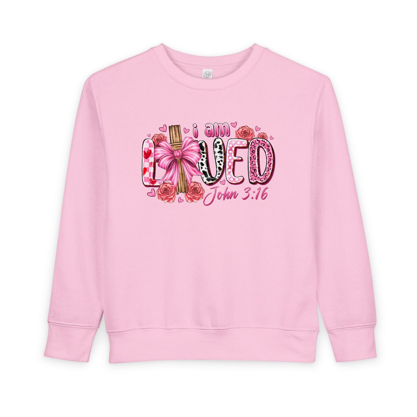 Toddler Sweatshirt - "I Am Loved" John 3:16 Pink Cross Faith Pullover