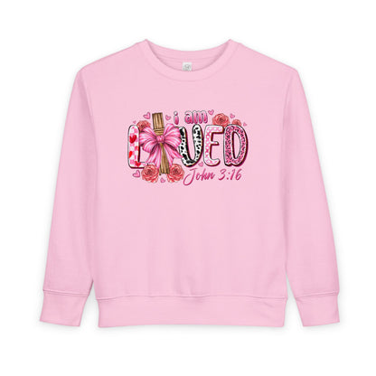 Toddler Sweatshirt - "I Am Loved" John 3:16 Pink Cross Faith Pullover