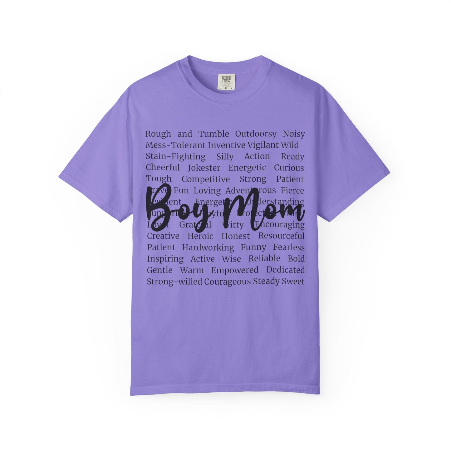 Boy Mom T‑Shirt — 'Boy Mom' Script over Positive Traits Tee COMFORT COLOR