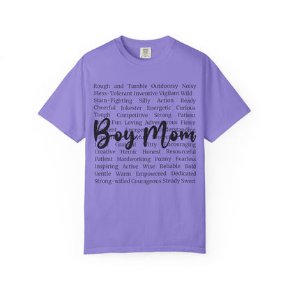 Boy Mom T‑Shirt — 'Boy Mom' Script over Positive Traits Tee COMFORT COLOR