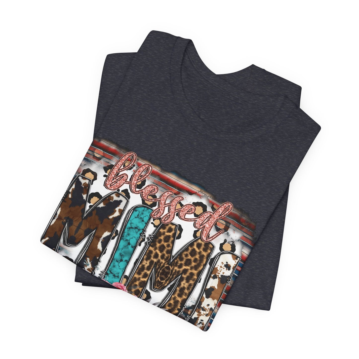 Mama Leopard & Western Floral T-Shirt — 'Mama' Graphic Tee with Cowhide, Turquoise & Pink Flowers