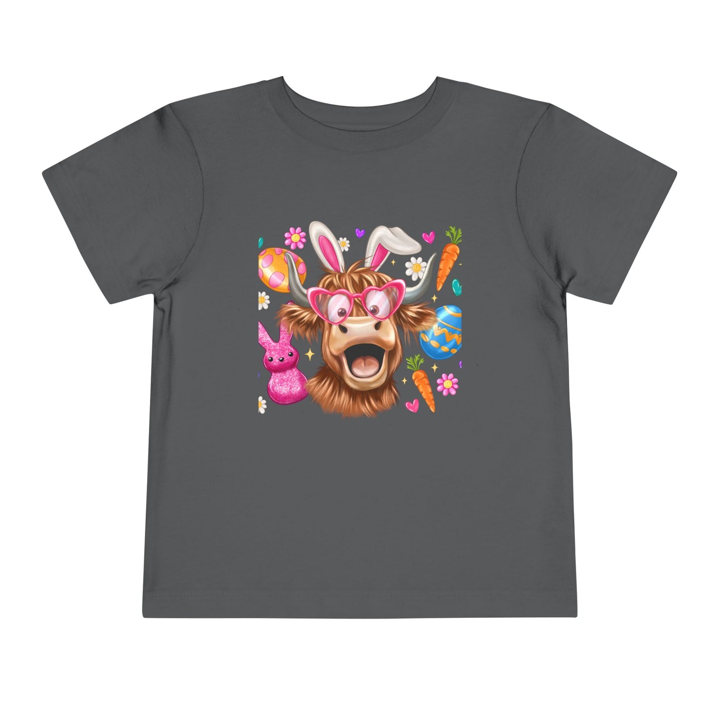 Easter Highland Cow Toddler Tee — Cute Bunny Ears & Colorful Eggs
