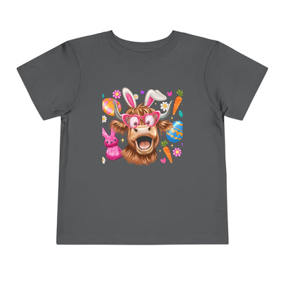 Easter Highland Cow Toddler Tee — Cute Bunny Ears & Colorful Eggs