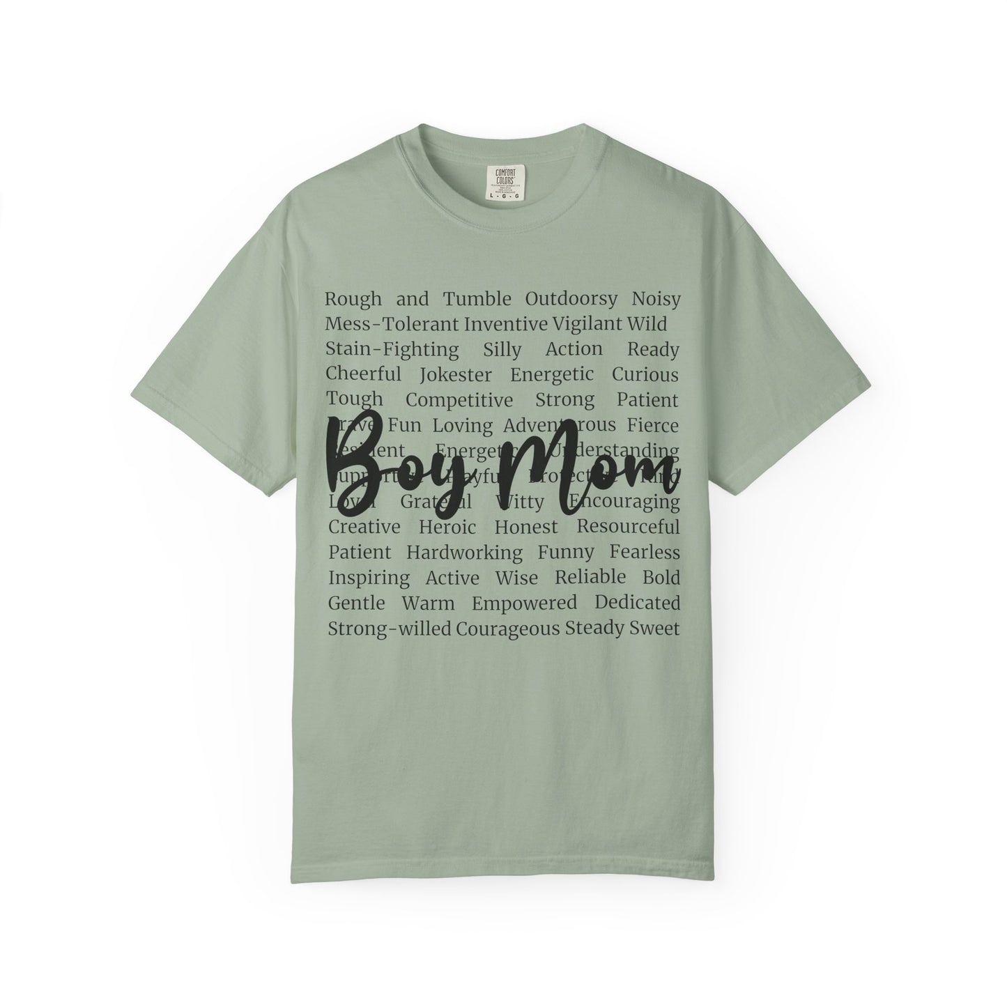 Boy Mom T‑Shirt — 'Boy Mom' Script over Positive Traits Tee COMFORT COLOR