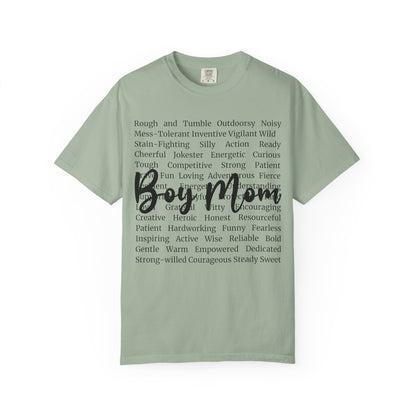 Boy Mom T‑Shirt — 'Boy Mom' Script over Positive Traits Tee COMFORT COLOR