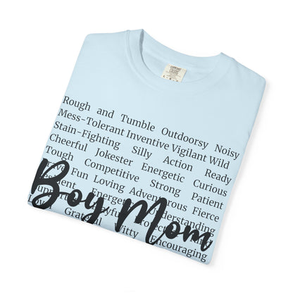 Boy Mom T‑Shirt — 'Boy Mom' Script over Positive Traits Tee COMFORT COLOR