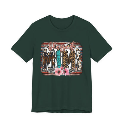 Mama Leopard & Western Floral T-Shirt — 'Mama' Graphic Tee with Cowhide, Turquoise & Pink Flowers
