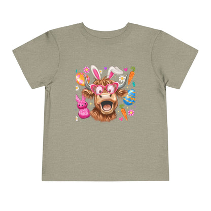 Easter Highland Cow Toddler Tee — Cute Bunny Ears & Colorful Eggs