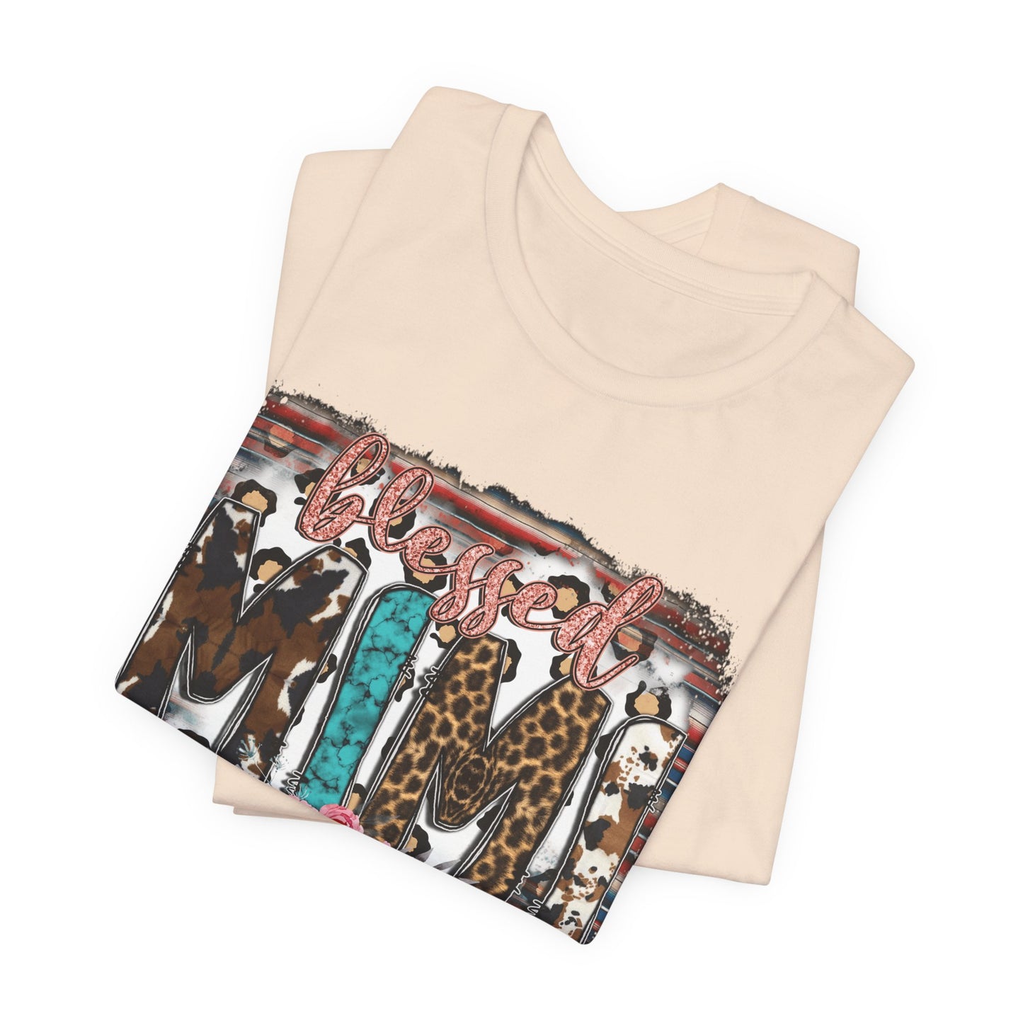 Mama Leopard & Western Floral T-Shirt — 'Mama' Graphic Tee with Cowhide, Turquoise & Pink Flowers