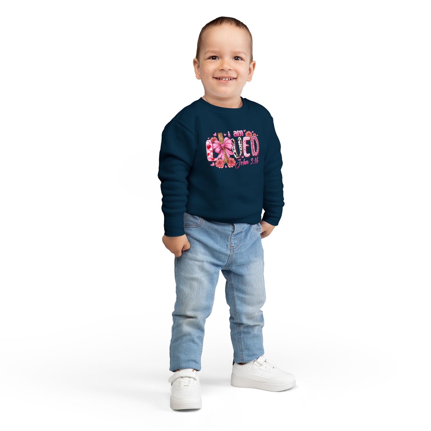 Toddler Sweatshirt - "I Am Loved" John 3:16 Pink Cross Faith Pullover