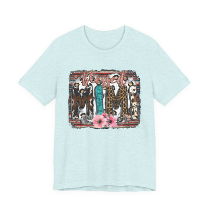 Mama Leopard & Western Floral T-Shirt — 'Mama' Graphic Tee with Cowhide, Turquoise & Pink Flowers