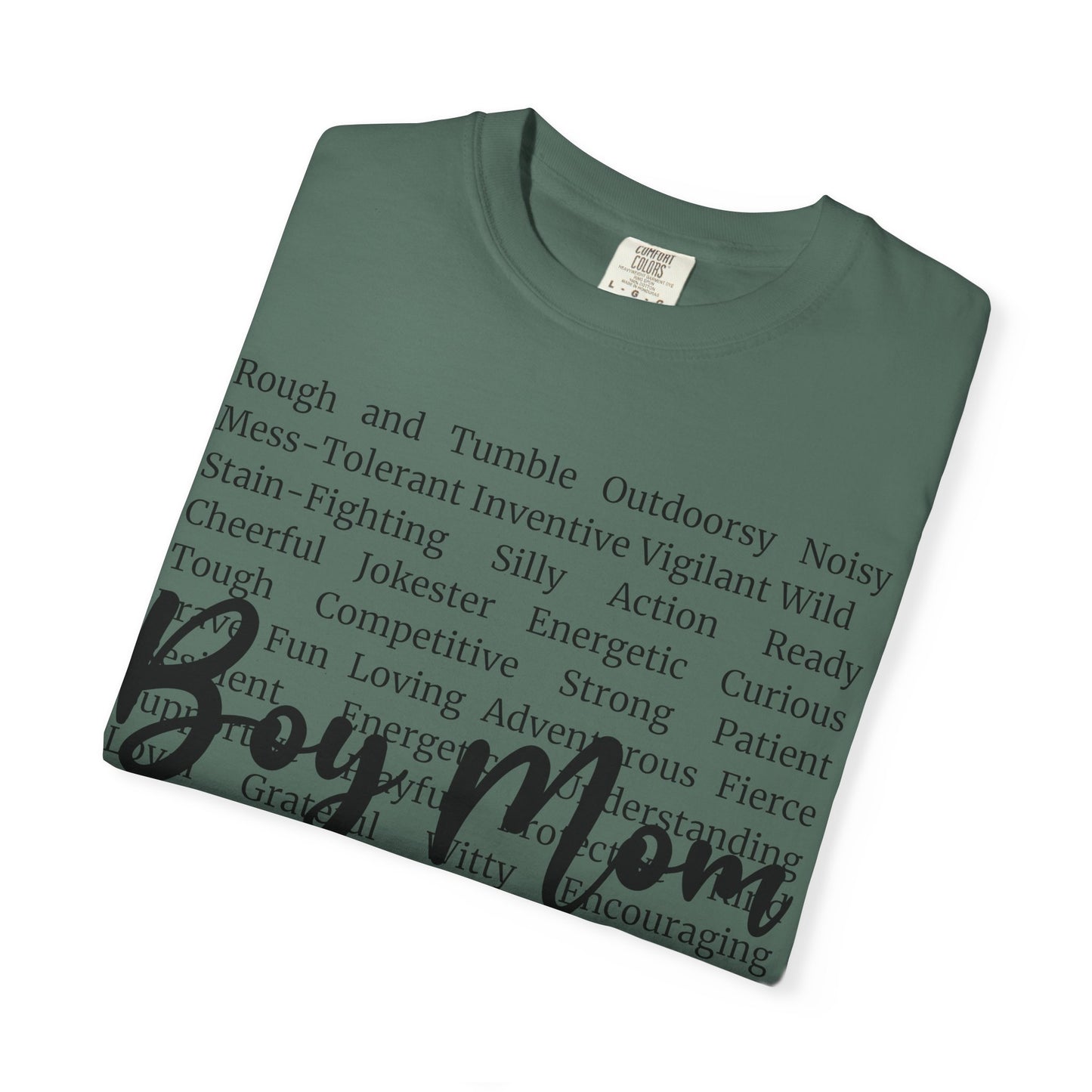 Boy Mom T‑Shirt — 'Boy Mom' Script over Positive Traits Tee COMFORT COLOR